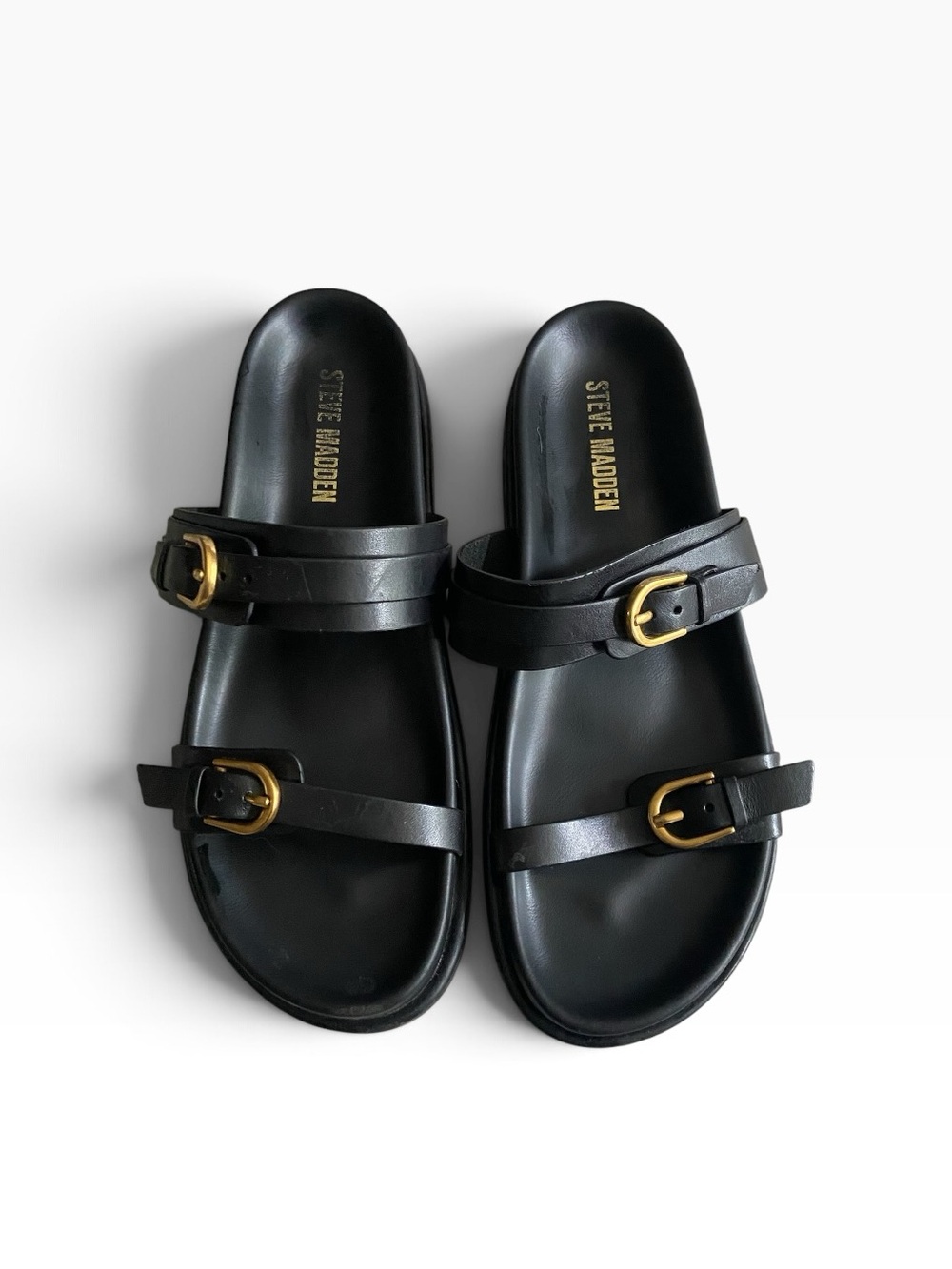 Steve Madden Zina Leather Double Buckle Black Sandals ❤️ SZ 9
